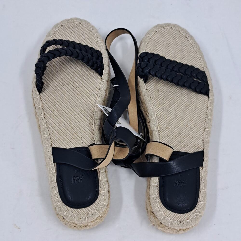 H&M Sandals 38 EU 7 US Braided Detail Espadrilles‎ Platform Ankle Strap Black - Picture 8 of 12